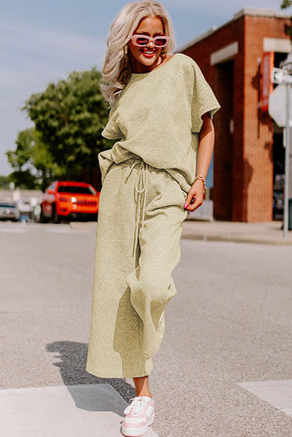 Navy Blue Textured Loose Fit T Shirt and Drawstring Pants Set - Cowaa