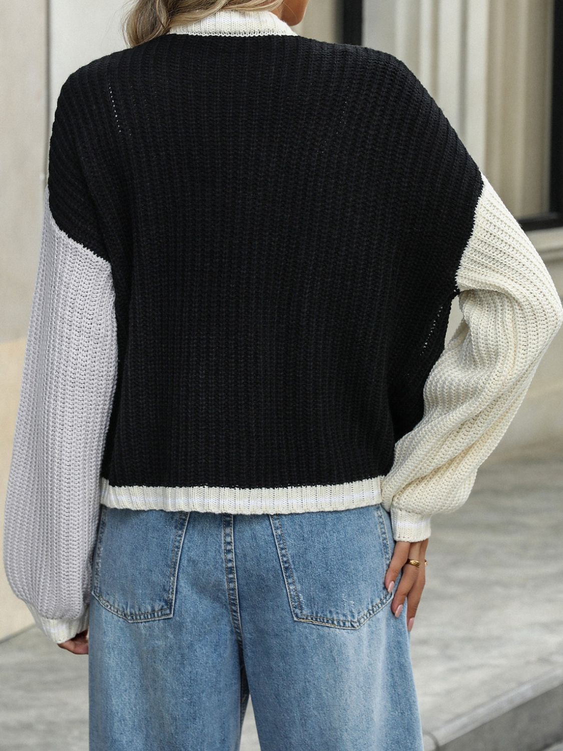 Contrast Open Front Long Sleeve Cardigan - Cowaa