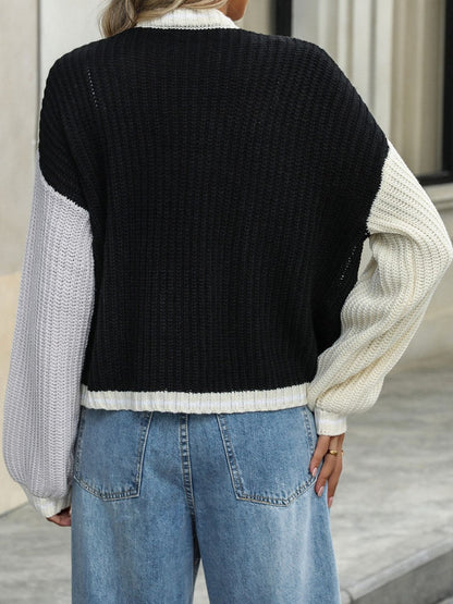 Contrast Open Front Long Sleeve Cardigan - Cowaa