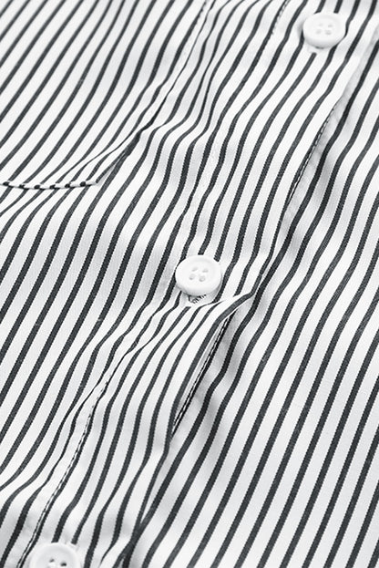 Black Striped Casual Shirred Cuffs Shirt - Cowaa