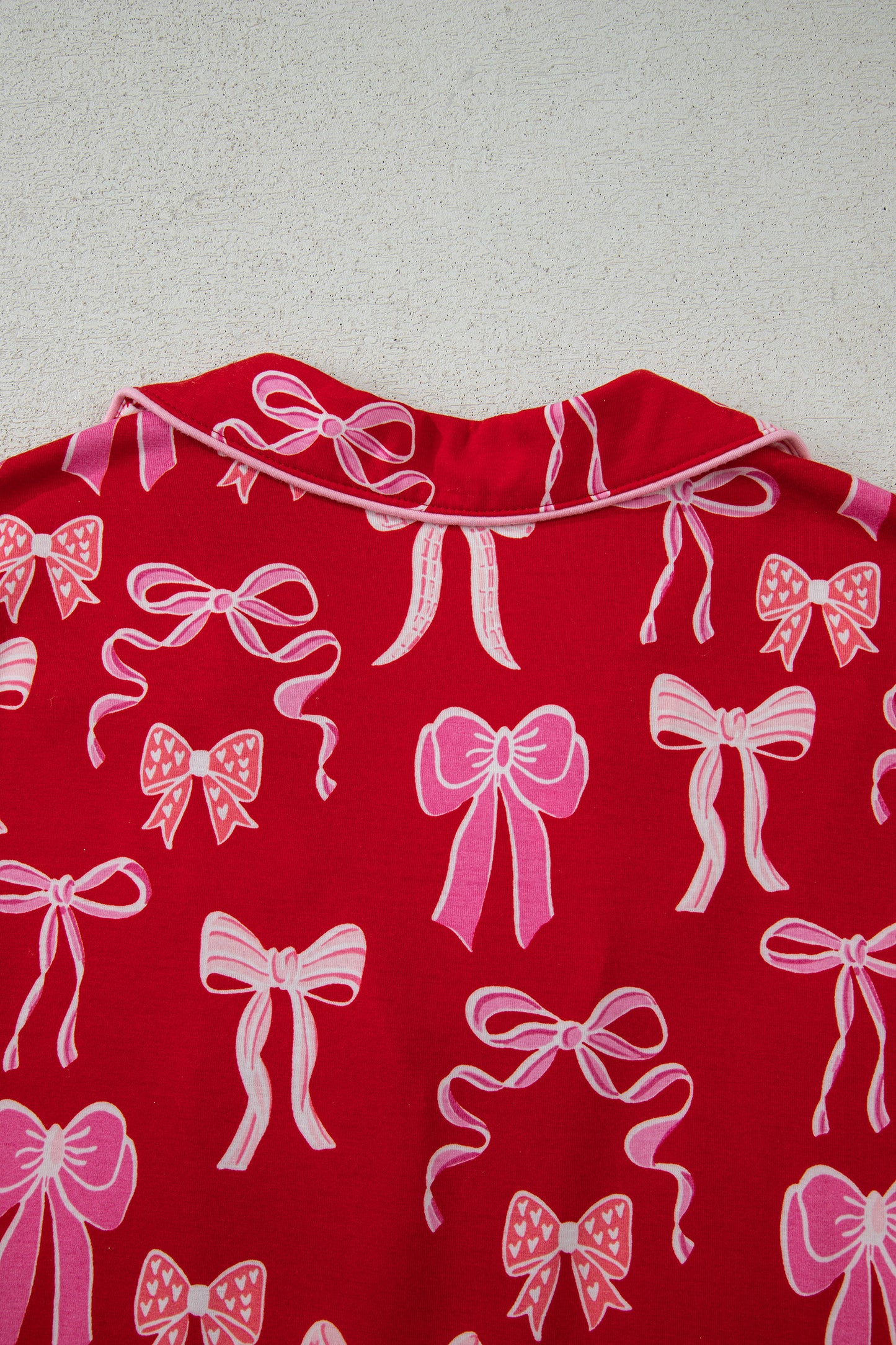 Red Sweet Bow Print Ruffled Short Sleeve Shirt Shorts 2pcs Pajama Set - Cowaa