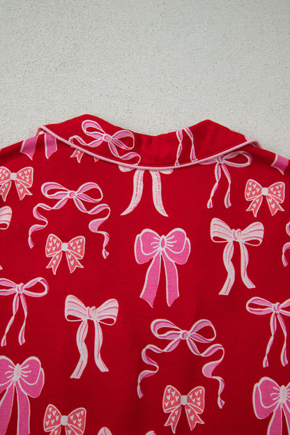 Red Sweet Bow Print Ruffled Short Sleeve Shirt Shorts 2pcs Pajama Set - Cowaa