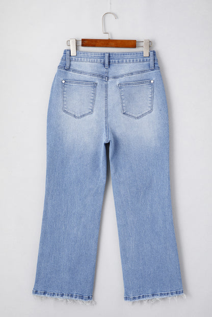 Sail Blue Mineral Wash Raw Hem High Waist Flared Jeans - Cowaa