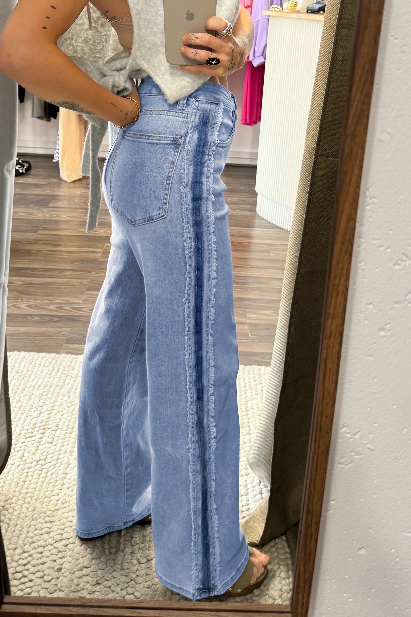 Beau Blue Contrast Stripe Frayed Side Panel Patchwork Shift Jeans - Cowaa