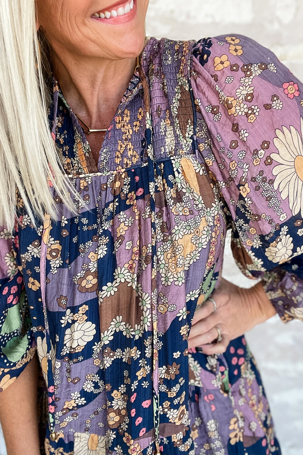 Purple Boho Floral Print Puff Sleeve Flowy Mini Dress - Cowaa