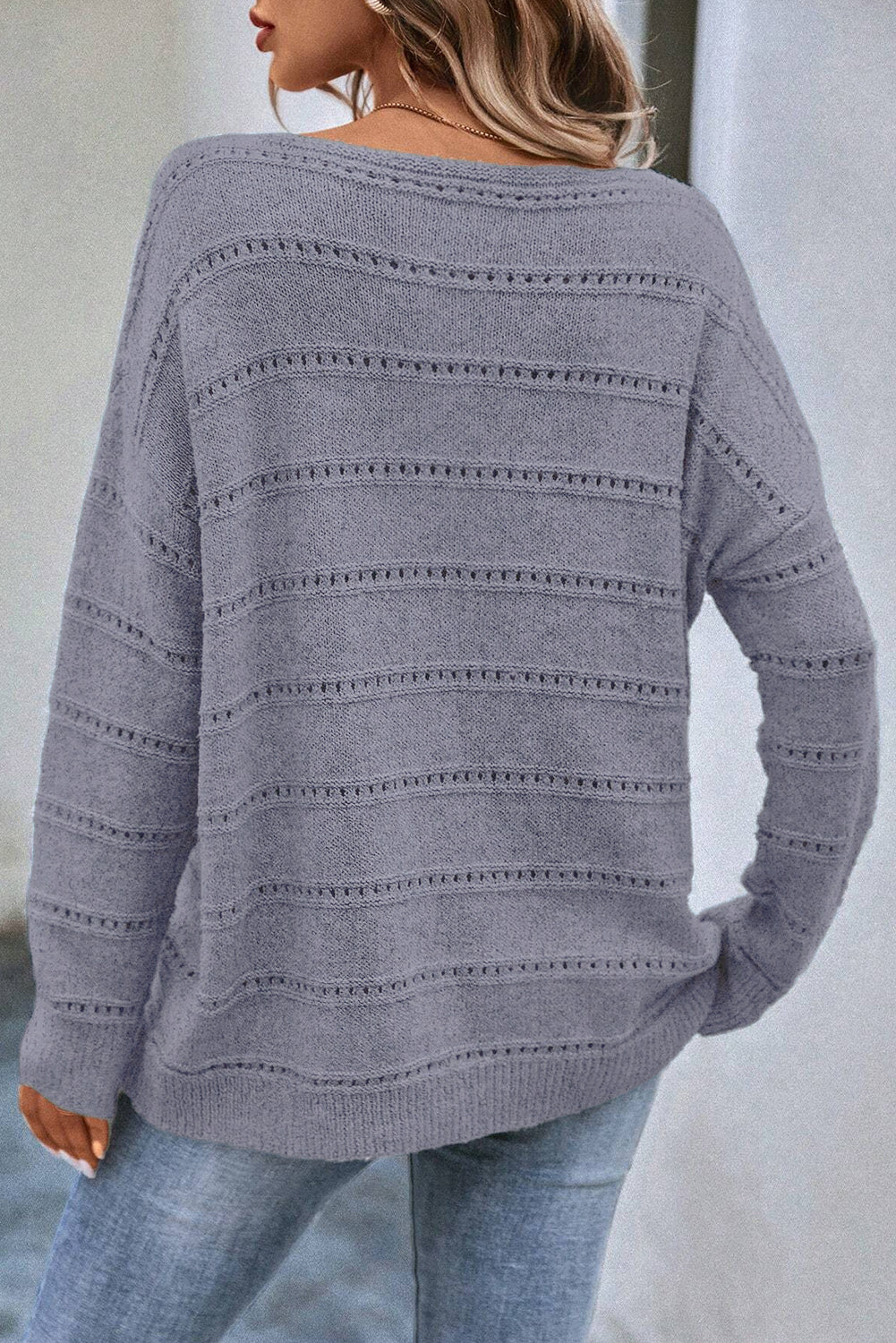 Boat Neck Drop Shoulder Pointelle Knit Sweater - Cowaa