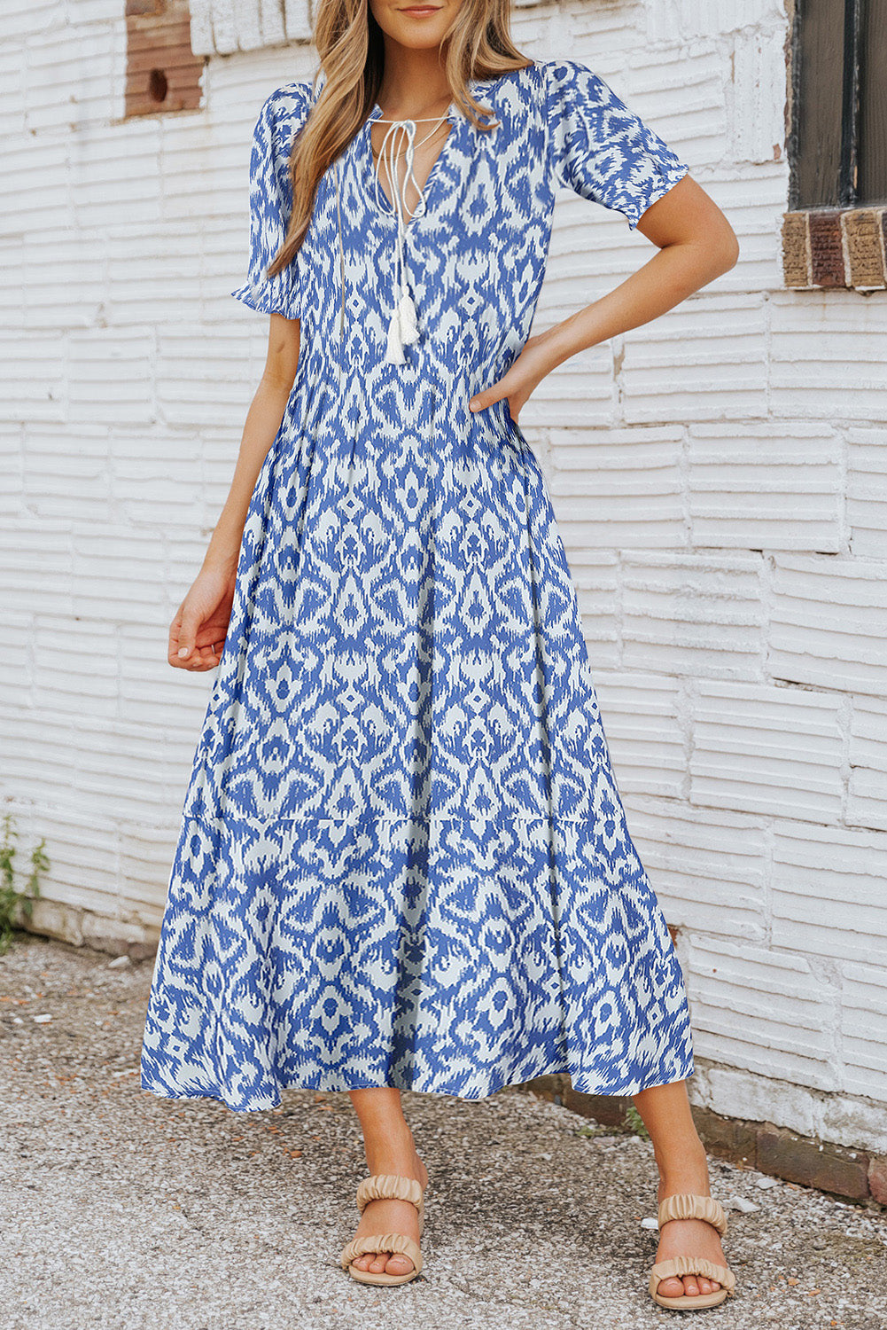 Sky Blue Geometric Print Casual V Neck Maxi Dress - Cowaa