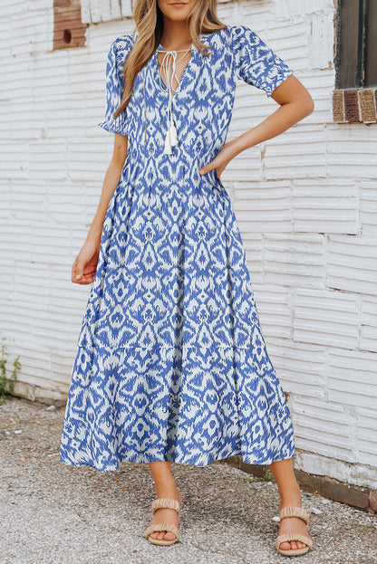 Sky Blue Geometric Print Casual V Neck Maxi Dress - Cowaa