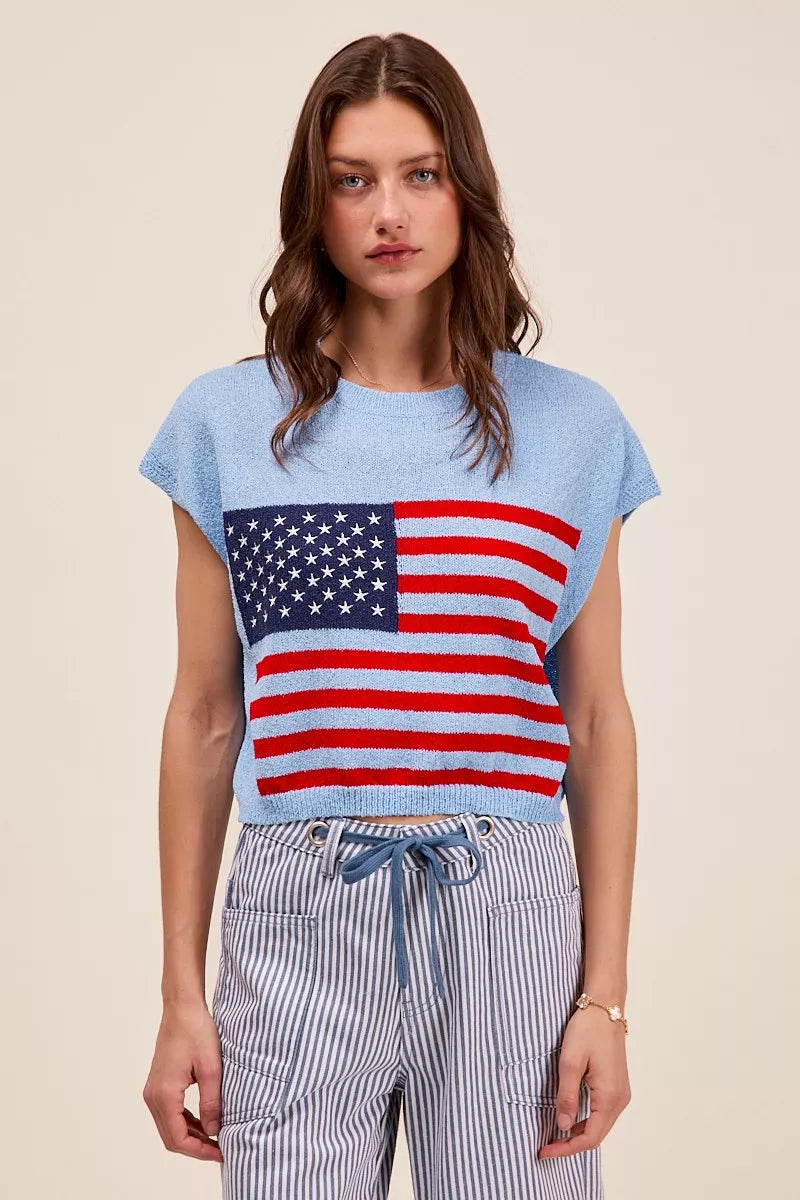 SO ME Fourth Of July American Flag Boxy Fit Sweater Top.