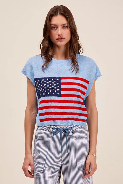 SO ME Fourth Of July American Flag Boxy Fit Sweater Top.