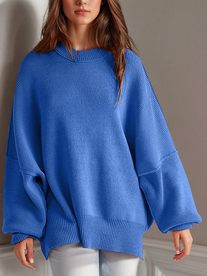 Double Take Side Slit Round Neck Long Sleeve Sweater - Cowaa