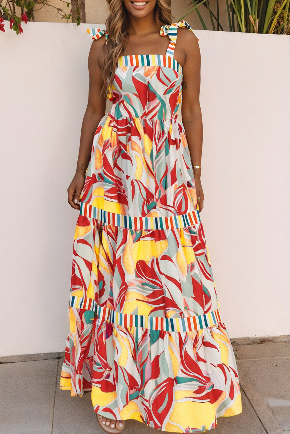 Multicolor Abstract Print Striped Detail Knot Strap Maxi Dress