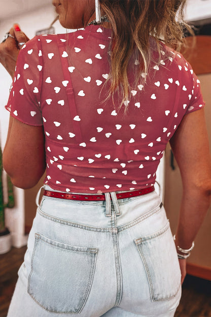 Racing Red Allover Heart Print Mesh Short Sleeve Top - Cowaa