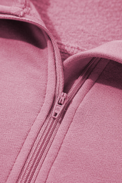Brown Zip Up Stand Collar Thumbhole Sleeve Sweatshirt - Cowaa