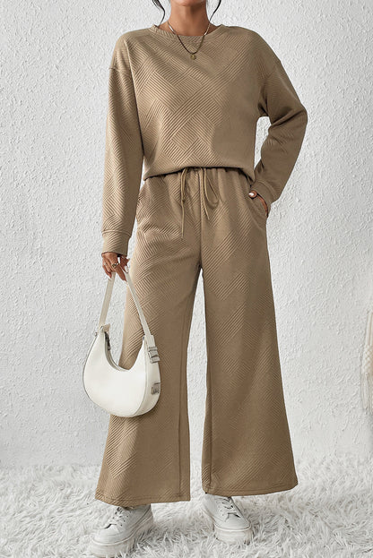 Strawberry Pink Textured Loose Slouchy Long Sleeve Top and Pants Set - Cowaa