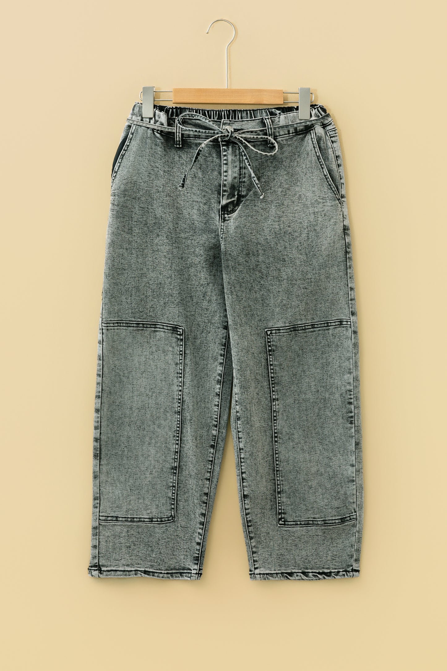 Gray Acid Wash Barrel Fit Denim Pants with Waist String - Cowaa