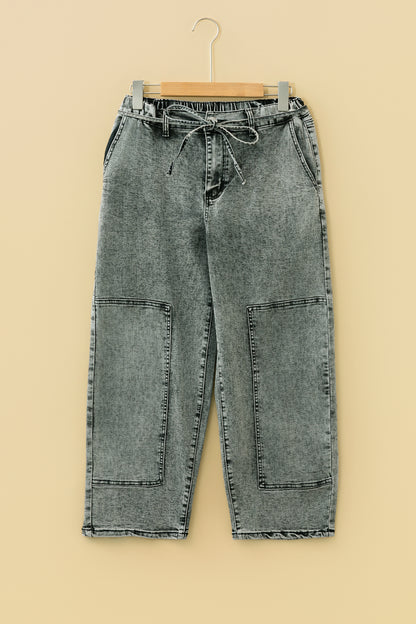 Gray Acid Wash Barrel Fit Denim Pants with Waist String - Cowaa