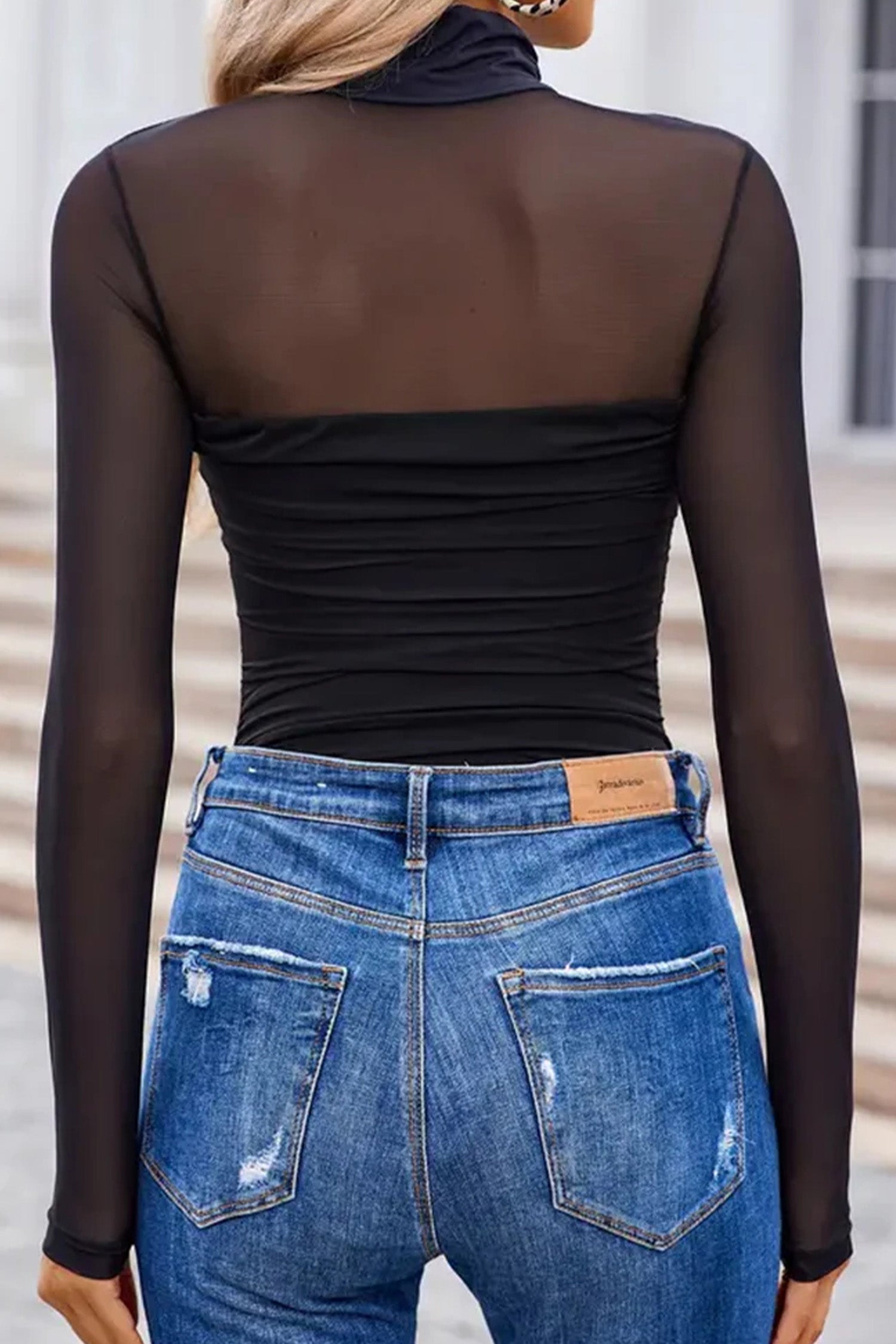 Black Sheer Mesh Patchwork High Neck Long Sleeve Top - Cowaa