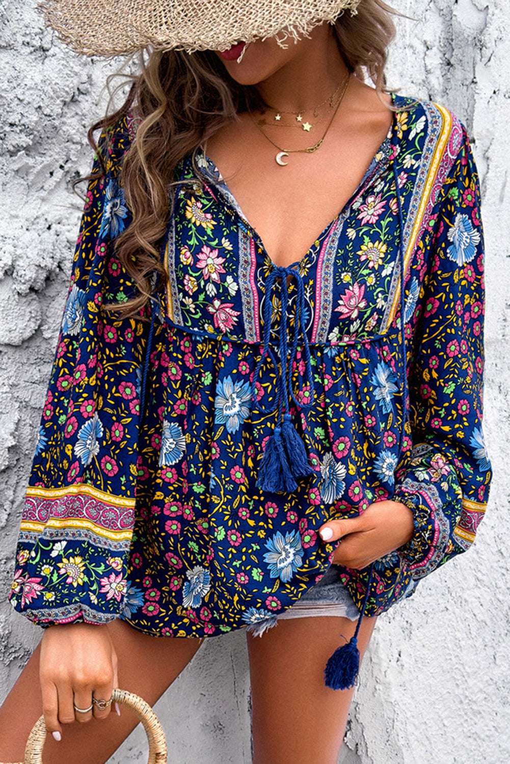 Blue Bohemian Floral Print Tassel Tie Front Long Sleeve Blouse - Cowaa