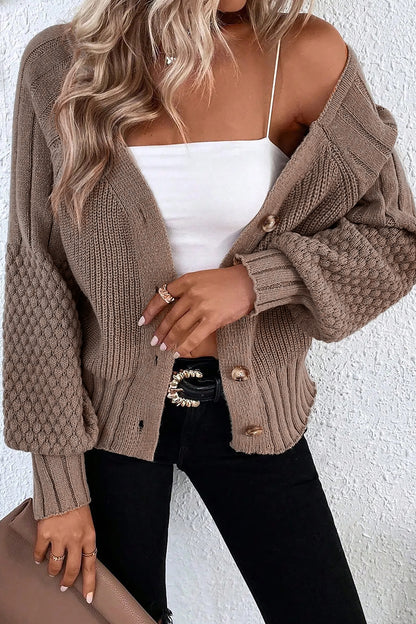 Light Pink Mixed Texture Knit Button V Neck Sweater Cardigan - Cowaa