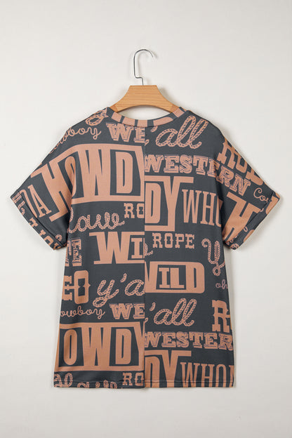 Dark Grey Howdy Cowboy Letter Printed Western Fashion Tee