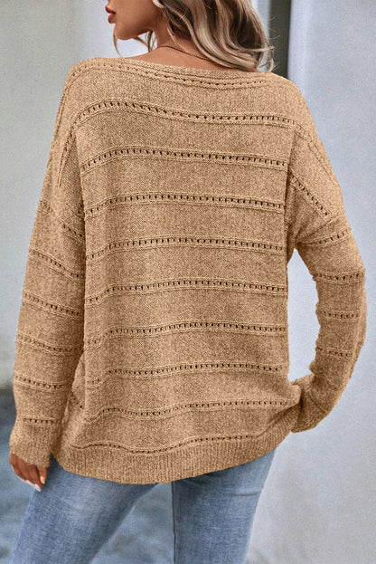 Boat Neck Drop Shoulder Pointelle Knit Sweater - Cowaa