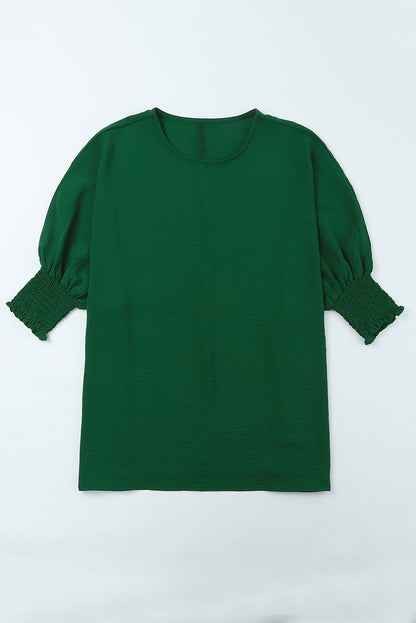 Apricot Solid Casual Smocked Cuffs Batwing Sleeve Blouse - Cowaa