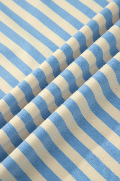 Sky Blue Stripe Plus Size Drop Shoulder Contrast Trim Round Neck Tee