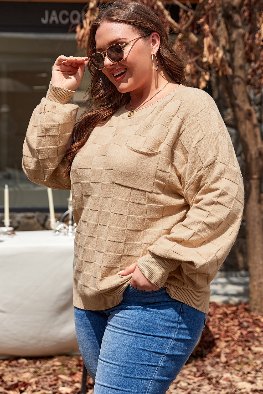 Light French Beige Solid Checkered Textured Knit Plus Size Sweater - Cowaa