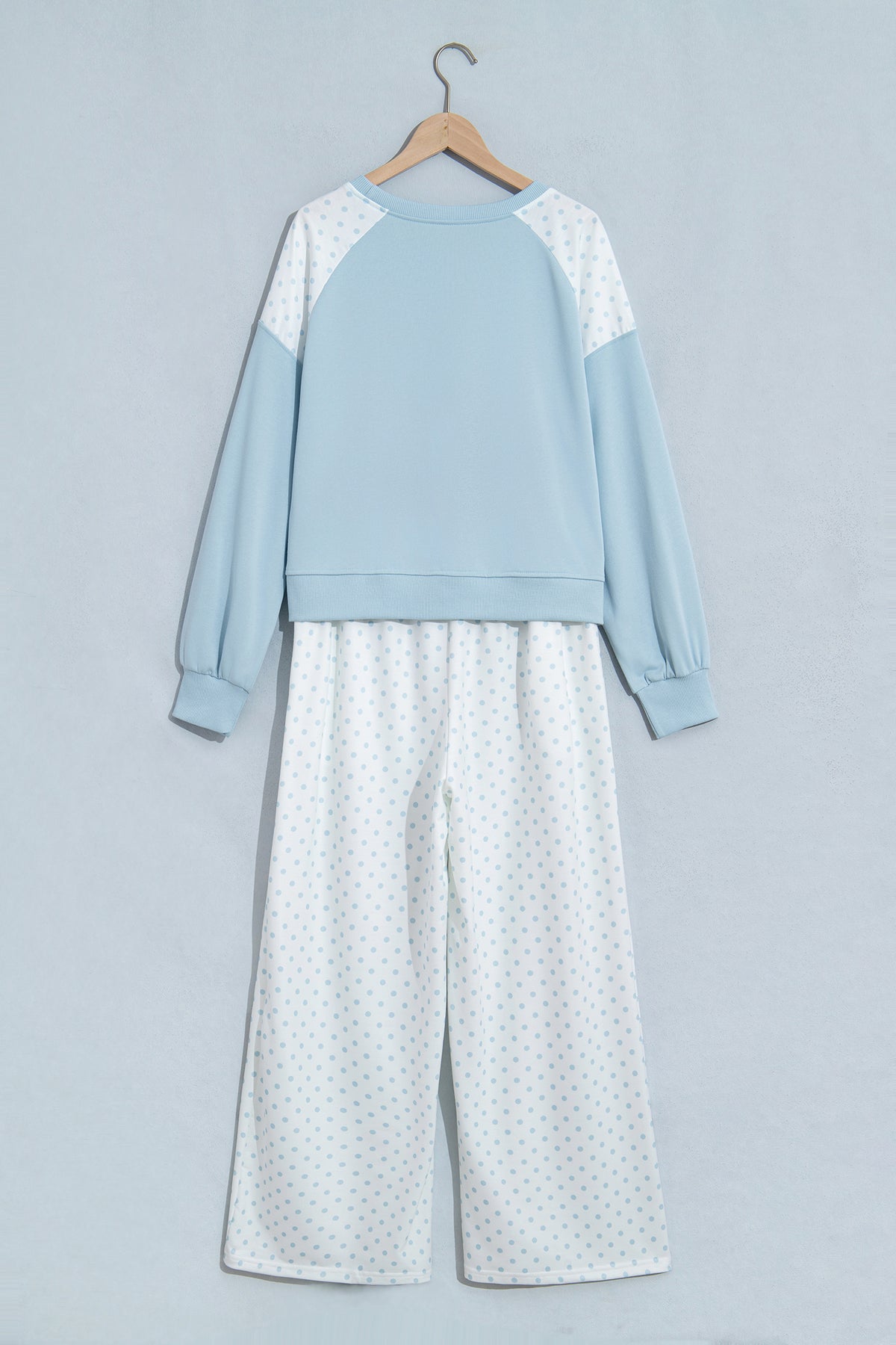 Light Blue Polka Dot Patchwork Colorblock Long Sleeve Casual Two Piece Pants Set