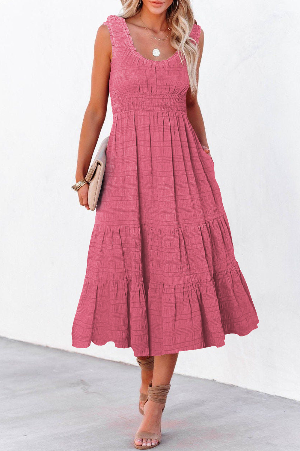 Rose Shirred Pleated Square Neck Sleeveless Midi Dress - Cowaa