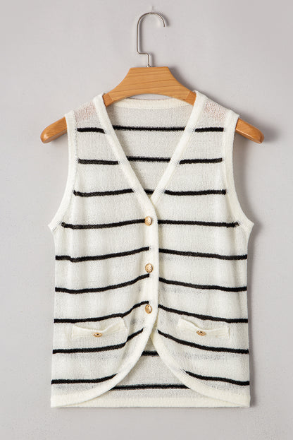 Black Stripe Buttoned V Neck Slim Fit Knit Vest