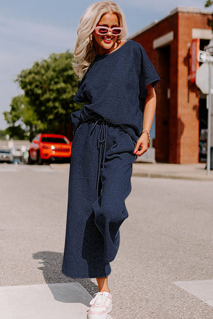 Navy Blue Textured Loose Fit T Shirt and Drawstring Pants Set - Cowaa