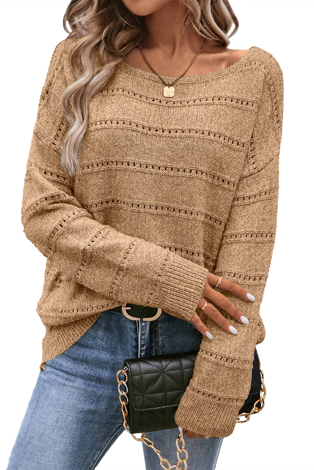 Boat Neck Drop Shoulder Pointelle Knit Sweater - Cowaa