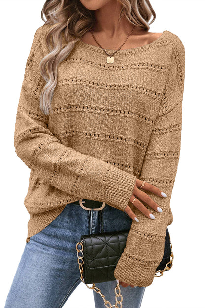 Boat Neck Drop Shoulder Pointelle Knit Sweater - Cowaa