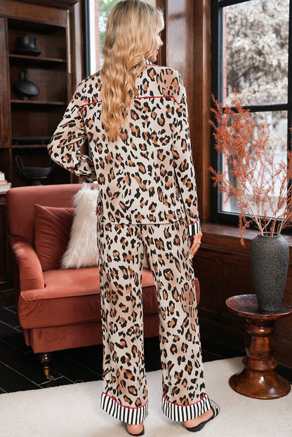 Khaki Leopard Print Colorblock Striped Patchwork Shirt and Pants Pajama Set