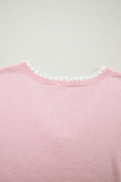 Strawberry Pink Lacy V Neckline Short Sleeve Sweater