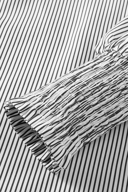 Black Striped Casual Shirred Cuffs Shirt - Cowaa