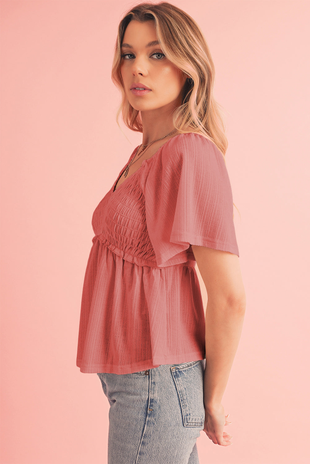 Oatmeal Shirred V Neck Short Flutter Sleeve Textured Blouse - Cowaa