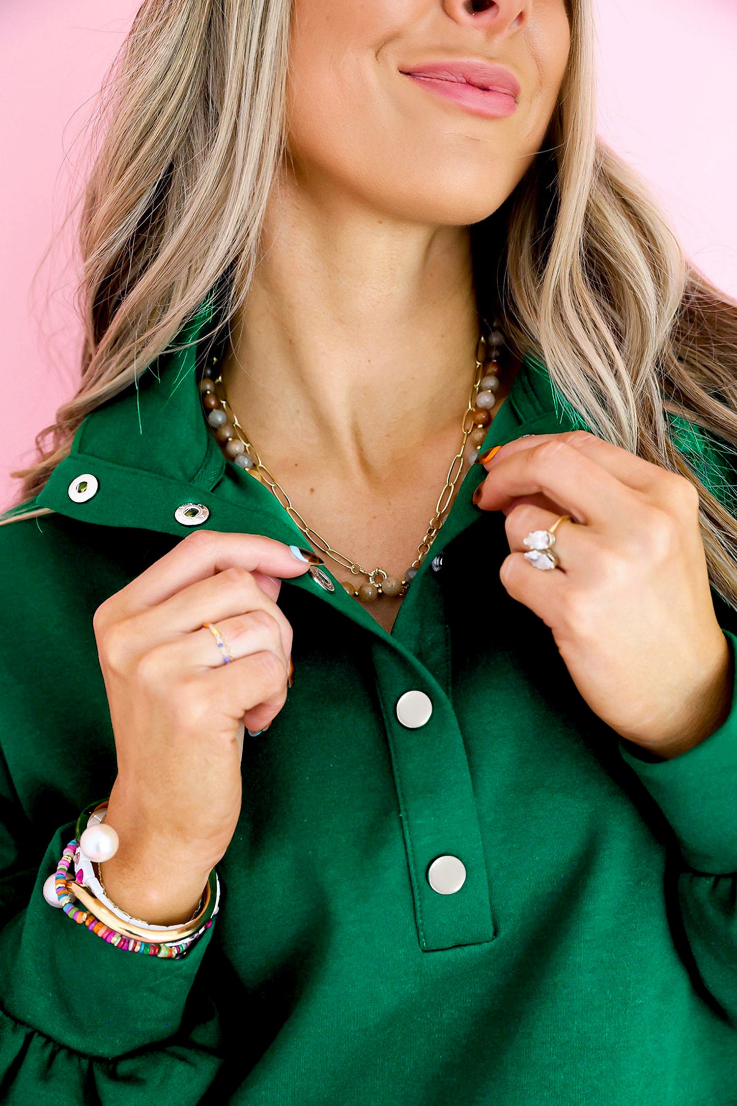 Blackish Green Embroidered Scallop Trim Half Button Pullover Casual Shorts Set.