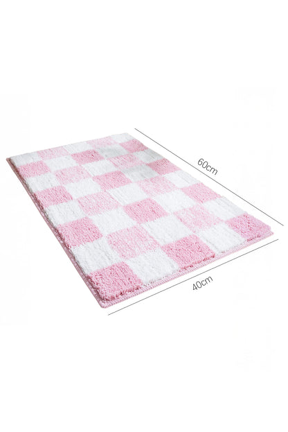 Pink Soft Checkered Plush Bathroom Mat