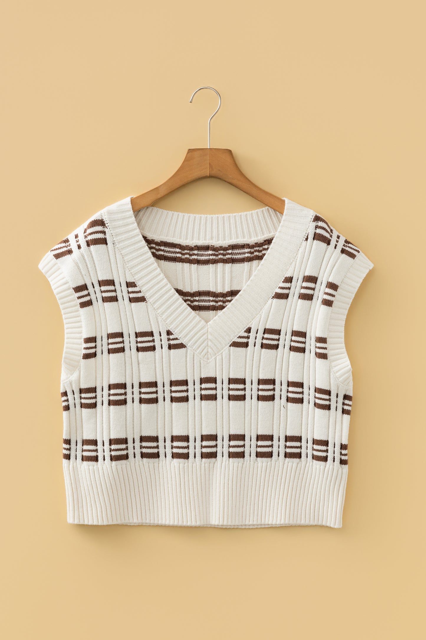 White Contrast Geometric Textured Knit V Neck Cropped Sweater Vest - Cowaa