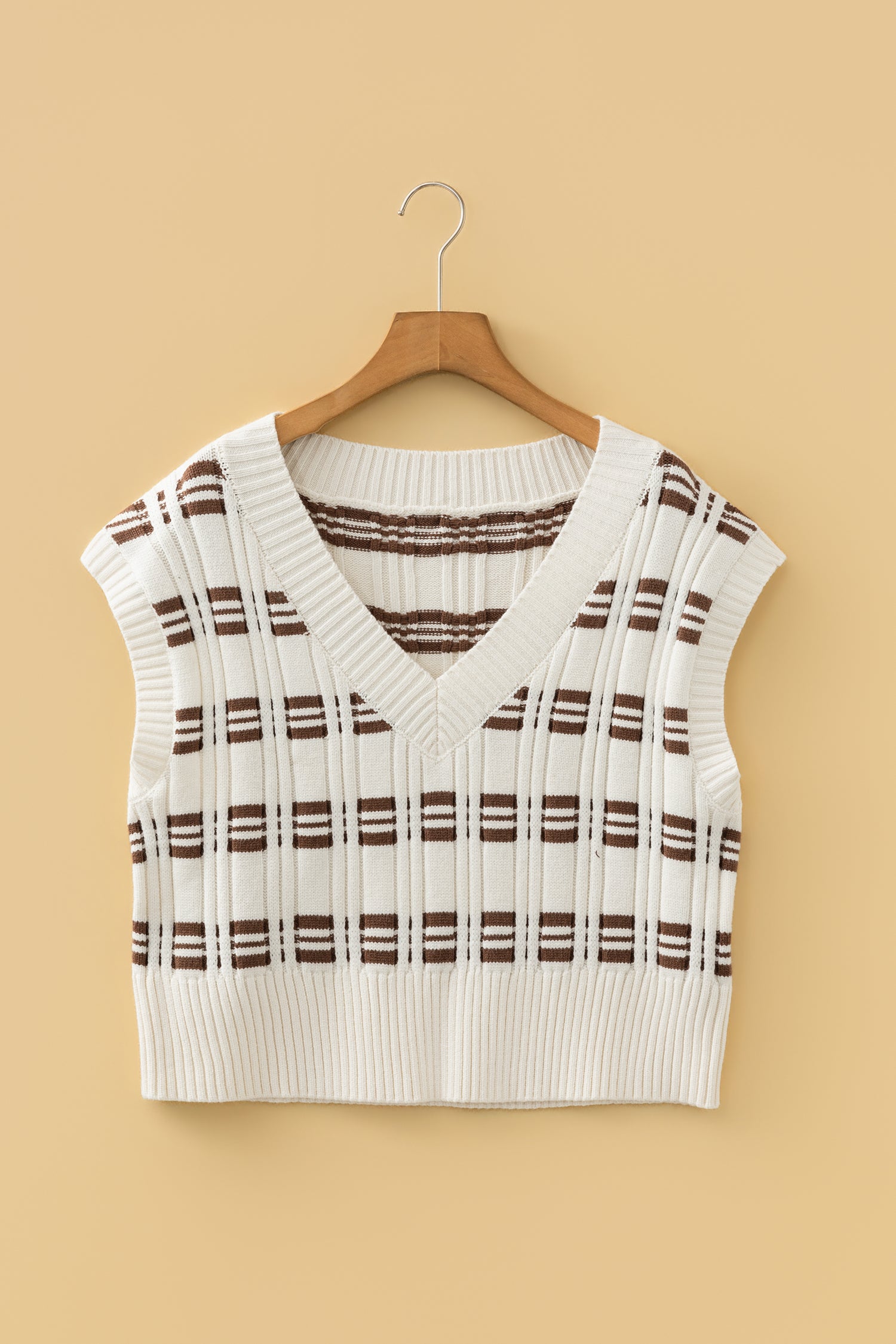 White Contrast Geometric Textured Knit V Neck Cropped Sweater Vest - Cowaa
