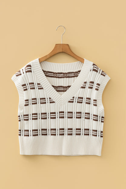 White Contrast Geometric Textured Knit V Neck Cropped Sweater Vest - Cowaa