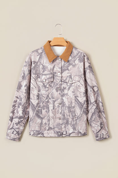 Gray Abstract Camo Print Colorblock Collar Oversized Shift Silhouette Denim Jacket