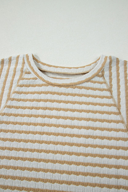 Apricot Stripe Plus Size Textured Patchwork Detail Half Sleeve Top