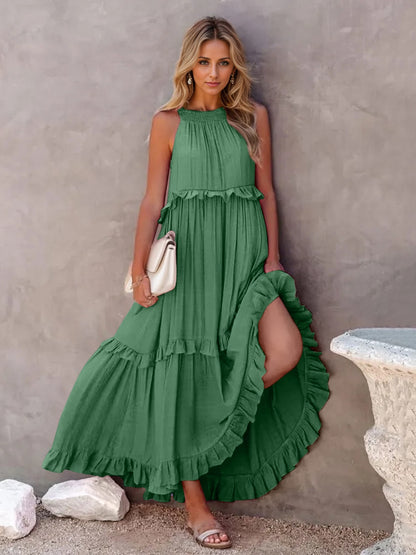 Ruffled Sleeveless Tiered Maxi Dress with Pockets - Cowaa