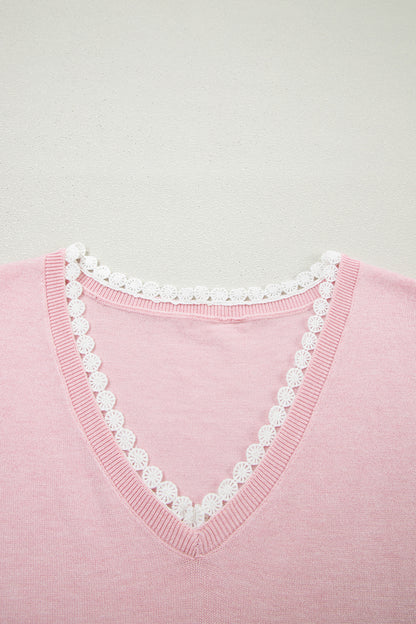 Strawberry Pink Lacy V Neckline Short Sleeve Sweater