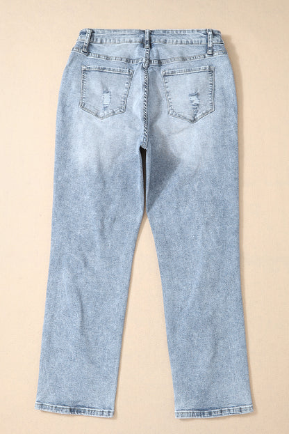 Sky Blue Light Wash Frayed Slim Fit High Waist Jeans - Cowaa