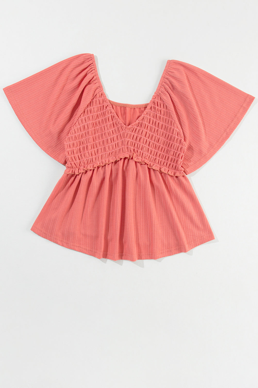 Oatmeal Shirred V Neck Short Flutter Sleeve Textured Blouse - Cowaa